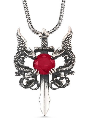 Pazarcan Gümüş Kırmızı Taşlı Ejderha Erkek Kılıç Kolye