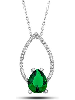 Pazarcan Gümüş Yeşil Taşlı Damla Kadın Kolye