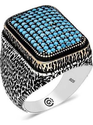 Pazarcan Gümüş Turkuaz Zirkon Taşlı Kare Erkek Yüzük