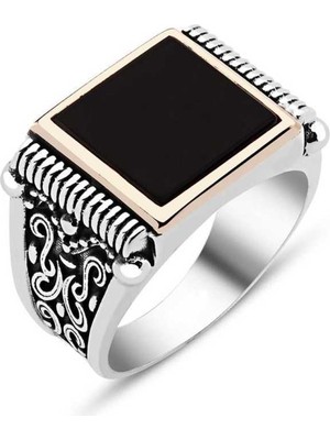 Pazarcan Gümüş Siyah Taşlı Erkek Yüzük