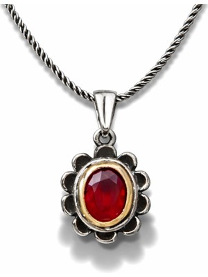 Pazarcan Gümüş Kırmızı Taşlı Çiçek Model Kadın Kolye