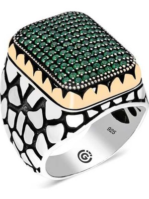 Pazarcan Gümüş Yeşil Zirkon Taşlı Kare Erkek Yüzük