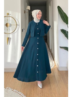 Tesettür Diyarı Krep Kumaş Üstü Ceketli Elbise-Koyu Petrol