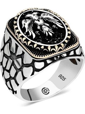 Pazarcan Gümüş Çift Başlı Kartal Oval Erkek Yüzük