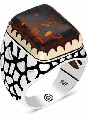 Pazarcan ​gümüş Zirkon Kahverengi Taşlı Kare Erkek Yüzük