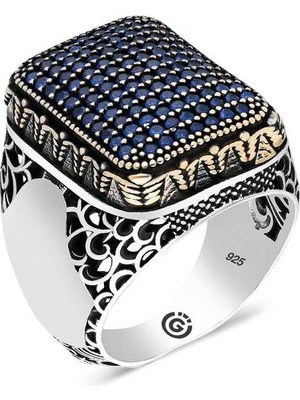 Pazarcan Gümüş Lacivert Zirkon Taşlı Kare Erkek Yüzük