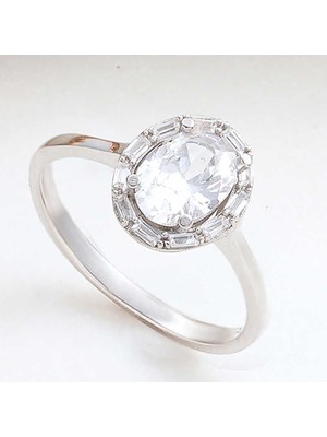 Pazarcan Gümüş Oval Zirkon Taşlı Kadın Yüzük