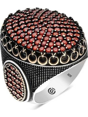 Pazarcan Gümüş Kırmızı Zirkon Taşlı Oval Erkek Yüzük