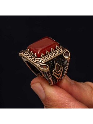 Pazarcan Gümüş Kırmızı Akik Taşlı Erkek Yüzük