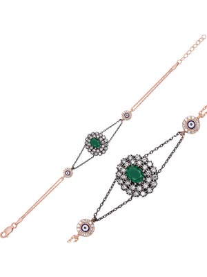 Pazarcan Gümüş Mat Yeşil Taşlı Otantik Bayan Bileklik