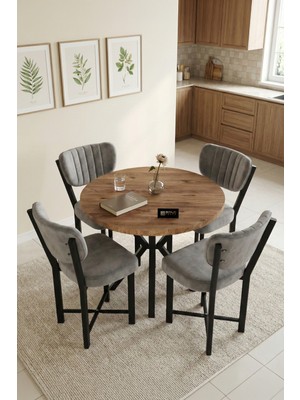 Gold Falez Mutfak Masası 4 Sandalyeli Set 90 Çap Yuvarlak Cafe Balkon Ofis Masa Yemek Takımı Elma 9864 Gri