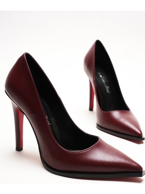 Ayakkabı Ateşi Bordo Cilt Stiletto Topuklu Ayakkabı Sivri Burun Klasik Abiye Kadın Ayakkabısı Tokyova