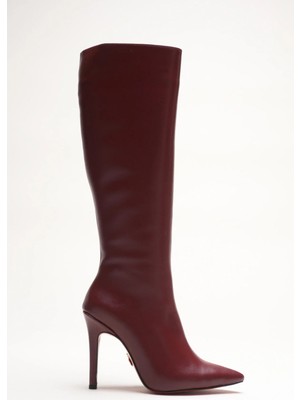 Ayakkabı Ateşi Kadın Sivri Burun Yüksek Topuklu Diz Altı Çizme Limbo Bordo Cilt
