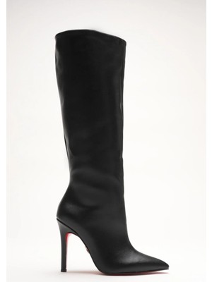 Ayakkabı Ateşi Kadın Sivri Burun Fermuarsız Ince Topuklu Diz Altı Çizme Monias Siyah Cilt