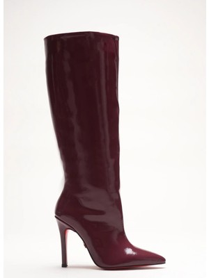 Ayakkabı Ateşi Kadın Sivri Burun Fermuarsız Ince Topuklu Diz Altı Çizme Monias Bordo Rugan