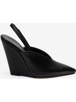 Ayakkabı Ateşi Kadın Siyah Cilt Sivri Burun Dolgu Topuklu Arkası Açık  Ayakkabı Luigi