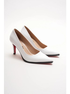 Ayakkabı Ateşi Kadın Beyaz Cilt Sivri Burun Tasarım Taban Ince Kısa Topuklu Ayakkabı Gronia