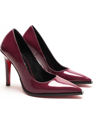 Ayakkabı Ateşi Bordo Rugan Stiletto Topuklu Ayakkabı Sivri Burun Klasik Abiye Kadın Ayakkabısı Tokyova