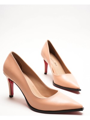 Ayakkabı Ateşi Kadın Nude Cilt Sivri Burun Tasarım Taban Ince Kısa Topuklu Ayakkabı Gronia