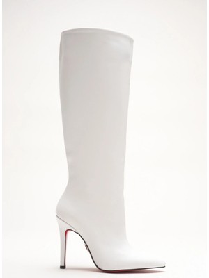 Ayakkabı Ateşi Kadın Sivri Burun Fermuarsız Ince Topuklu Diz Altı Çizme Monias Beyaz Cilt