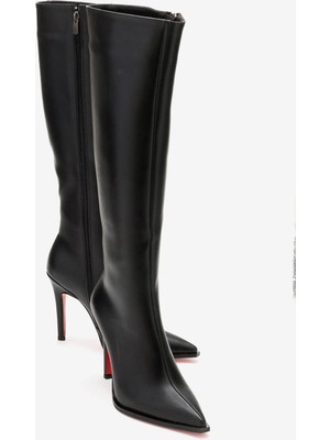 Ayakkabı Ateşi Kadın Diz Altı Fermuarlı Ince Topuklu Çizme Yoran Siyah Cilt
