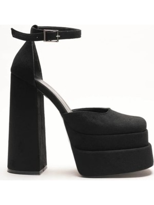 Ayakkabı Ateşi Kadın Siyah Süet Çift Platformlu Kalın Topuklu Kadın Ayakkabı - Bilekten Bağlamalı Küt Burun Figoyo