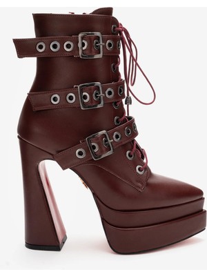 Ayakkabı Ateşi Kadın Bordo Cilt Üç Tokalı Sivri Burun Yüksek Topuklu Fermuarlı Bot Rugani