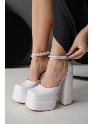 Ayakkabı Ateşi Kadın Beyaz Cilt Çift Platformlu Kalın Topuklu Bilekten Bağlamalı Küt Burun Kadın Ayakkabı Figoyo