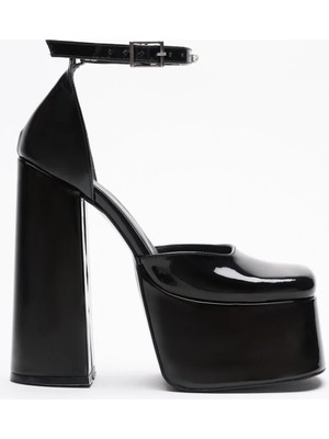 Ayakkabı Ateşi Kadın Yüksek Platform Kalın Topuklu Ayakkabı Firona Siyah Rugan