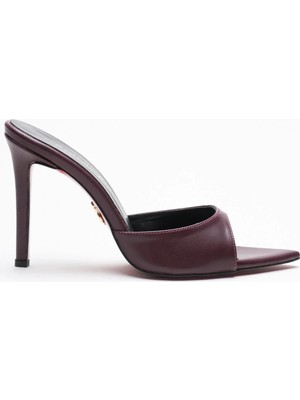 Ayakkabı Ateşi Kadın Sivri Burun Ince Topuklu Terlik Sona Bordo Cilt
