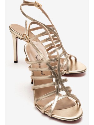 Ayakkabı Ateşi Kadın Altın Kırışık Açık Kafes Burun Tasarım Ince Topuklu Biyeli Ayakkabı Elo