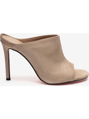 Ayakkabı Ateşi Ten Süet Kadın Burnu Açık Kırmızı Tabanlı Ince Topuklu Terlik Melody