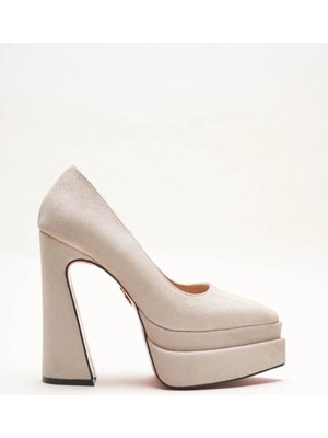 Ayakkabı Ateşi Çift Platformlu Kalın Yüksek Topuklu Sivri Burun Kadın Ayakkabı Bej Süet Rigel