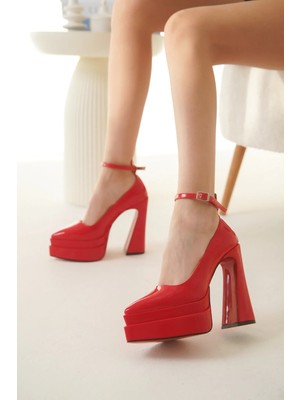 Ayakkabı Ateşi Kırmızı Rugan Çift Platform Özel Tasarım Kadın Ayakkabı Rigels