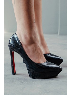 Ayakkabı Ateşi Siyah Yılan Platformlu Kadın Topuklu Ayakkabı Siena