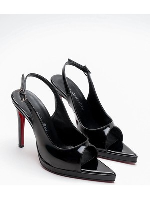 Ayakkabı Ateşi Kadın Arka Açık Sivri Burun Ince Topuklu Platform Ayakkabı Hari Siyah Rugan