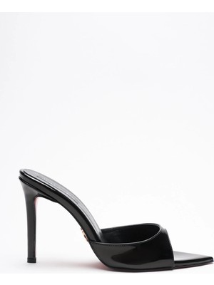 Ayakkabı Ateşi Kadın Sivri Burun Ince Topuklu Terlik Sona Siyah Rugan