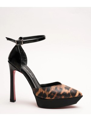 Ayakkabı Ateşi Kadın Baretli Platform Topuklu Ayakkabı Accies Leopar Siyah Rugan