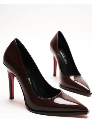 Ayakkabı Ateşi Kahverengi Rugan Stiletto Topuklu Ayakkabı Sivri Burun Klasik Abiye Kadın Ayakkabısı Tokyova