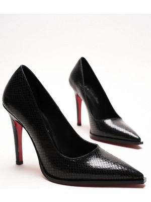 Ayakkabı Ateşi Siyah Yılan Stiletto Topuklu Ayakkabı Sivri Burun Klasik Abiye Kadın Ayakkabısı Tokyova