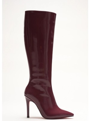 Ayakkabı Ateşi Kadın Sivri Burun Yüksek Topuklu Diz Altı Çizme Limbo Bordo Rugan