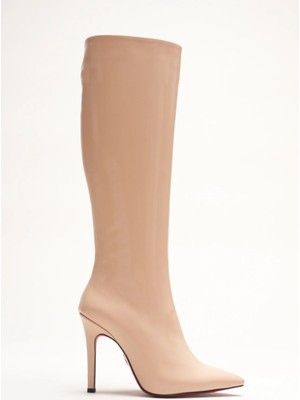 Ayakkabı Ateşi Kadın Sivri Burun Yüksek Topuklu Diz Altı Çizme Limbo Nude Rugan