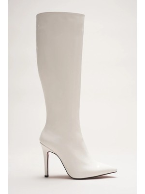 Ayakkabı Ateşi Kadın Sivri Burun Yüksek Topuklu Diz Altı Çizme Limbo Beyaz Rugan