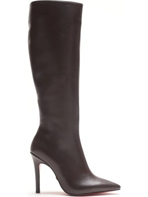 Ayakkabı Ateşi Kadın Sivri Burun Yüksek Topuklu Diz Altı Çizme Limbo Kahverengi Cilt