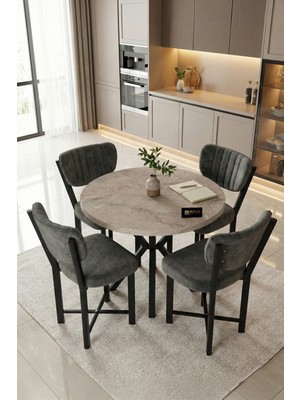 Gold Falez Mutfak Masası 4 Sandalyeli Set 90 Çap Yuvarlak Cafe Balkon Ofis Masa Yemek Takımı Elma 9867 Anstrast