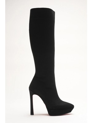 Ayakkabı Ateşi Kadın Tasarım Platform Yüksek Topuklu Çizme Carcie Siyah Dana Süet