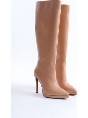 Ayakkabı Ateşi Kadın Diz Altı Kısa Platform Topuklu Çizme Amazen Nude Cilt