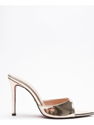 Ayakkabı Ateşi Kadın Sivri Burun Ince Topuklu Terlik Sona Altın Ayna