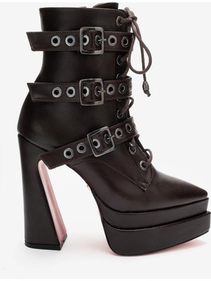 Ayakkabı Ateşi Kadın Kahverengi Cilt Üç Tokalı Sivri Burun Yüksek Topuklu Fermuarlı Bot Rugani