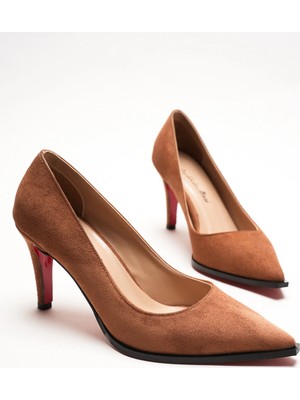 Ayakkabı Ateşi Kadın Taba Süet Sivri Burun Tasarım Taban Ince Kısa Topuklu Ayakkabı Gronia